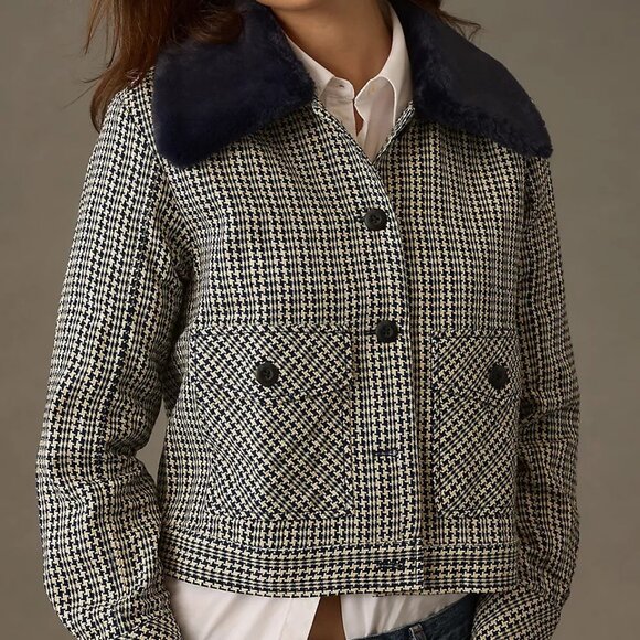 NWT Maeve Anthropologie Jacket Tweed Faux Fur Collar Houndstooth Womens XL $158 - Picture 1 of 12